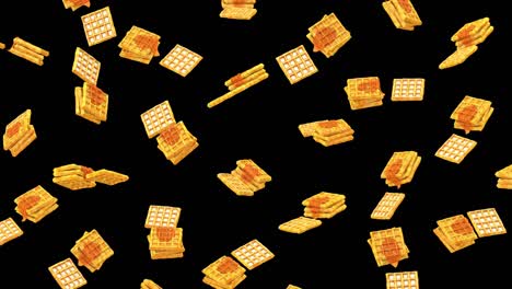 waffles belgas con derramamiento de miel movimiento de animación bucle canal alfa. waffles con jarabe. 3d render 4k. comida dulce para el desayuno. comida no saludable. comida azucarada