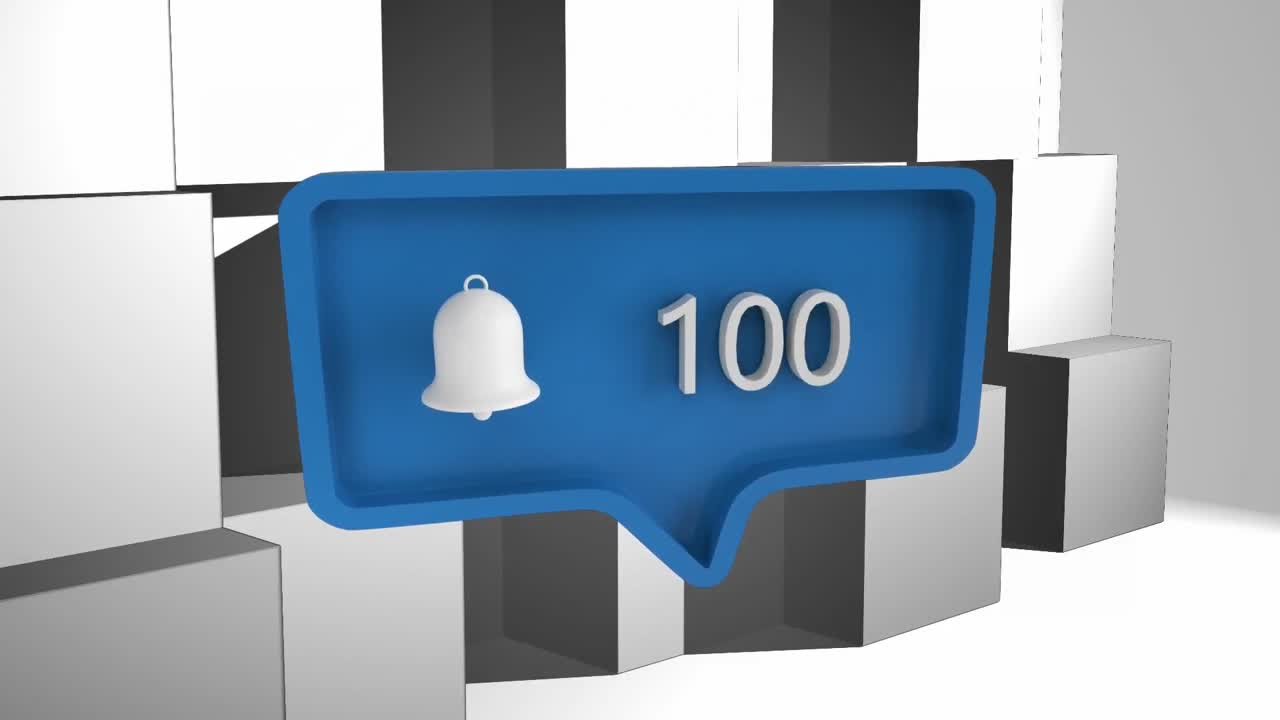 animación del icono de la campana de suscripción con números crecientes y formas de cubo 3d en fondo gris