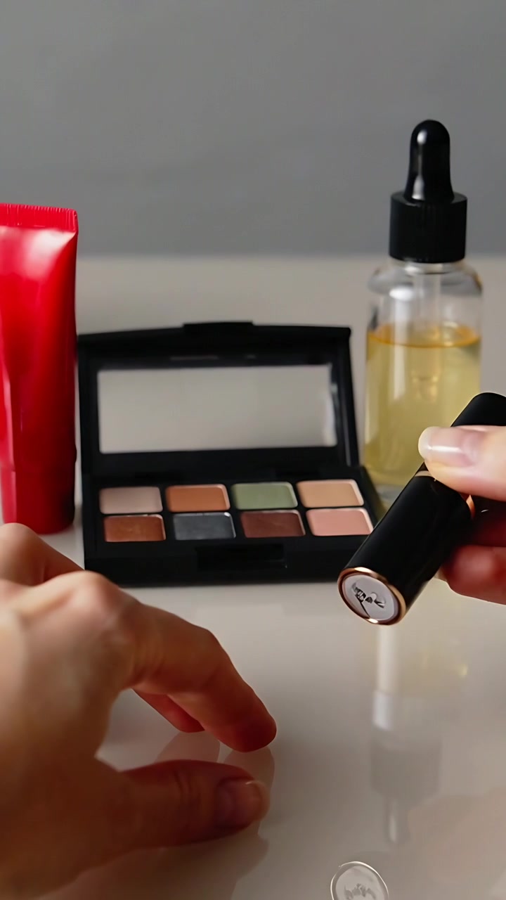 Vertical video: Entering hand picking up lipstick and demonstrating packaging on vanity table