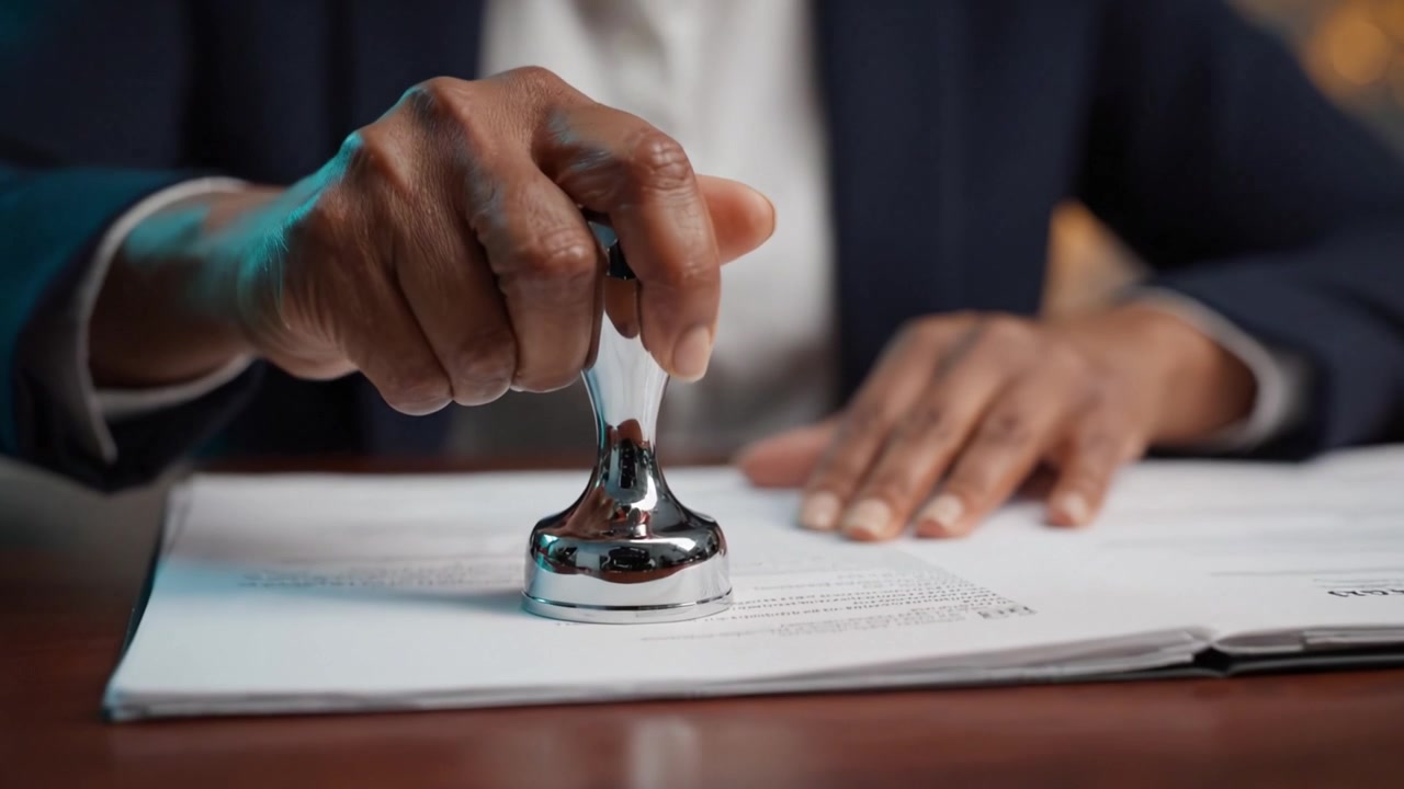 Professional Woman Completing Document Signing with a Stapler in Hand, Indicating Important Paperwork and Finalizing Business Communications