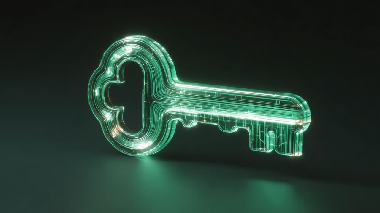 Glowing green digital key rotating on a reflective dark surface, symbolizing concepts of cybersecurity, data encryption, online privacy, secure access, and futuristic authentication technology