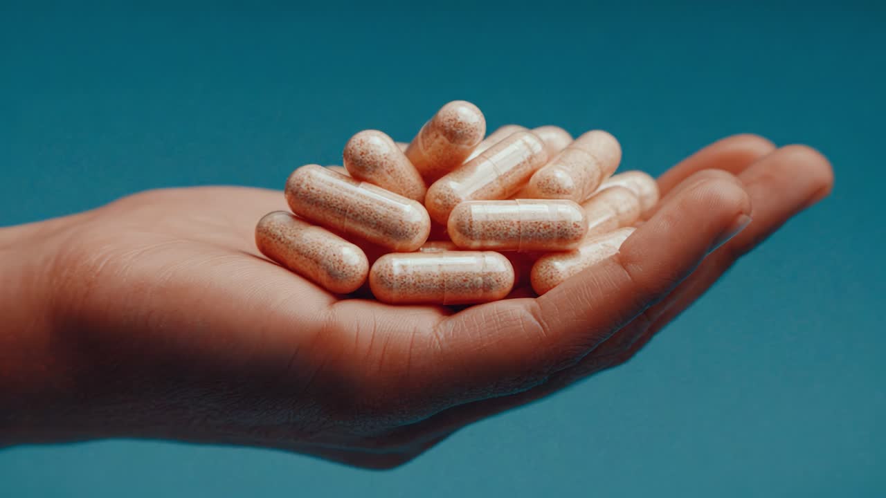 Una mano che sorregge una pila di capsule dorate, sottolineando l'importanza degli integratori alimentari e del benessere nella vita di tutti i giorni, illustrandone le varie proprietà benefiche