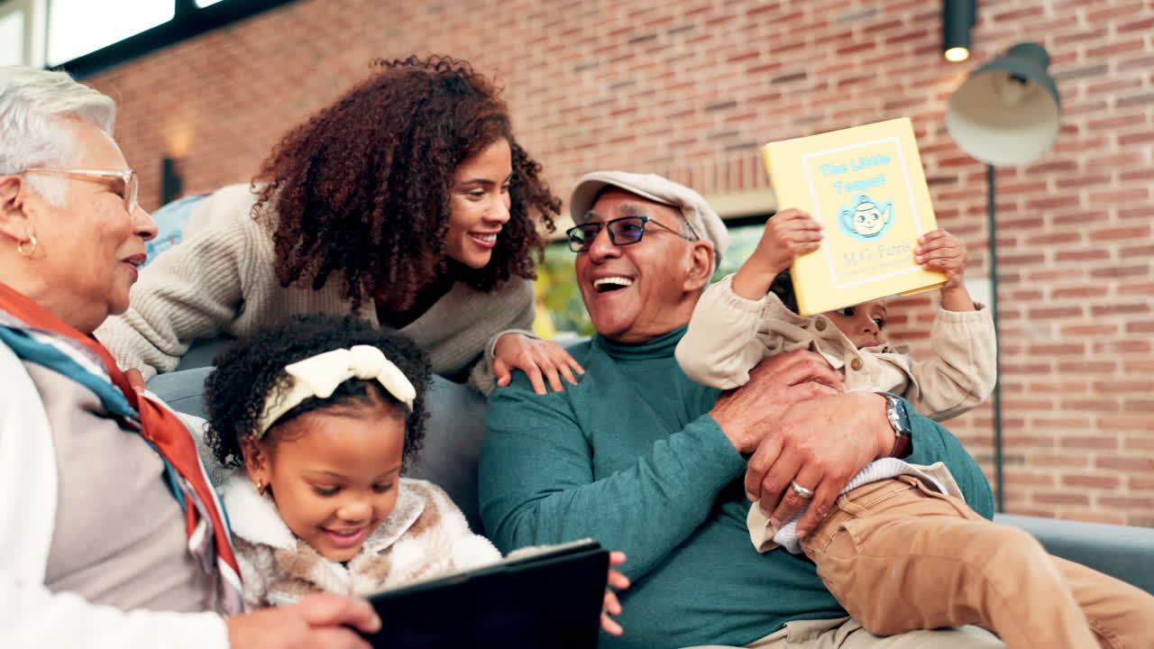Happy Multi-Generational Family Reading Books Together