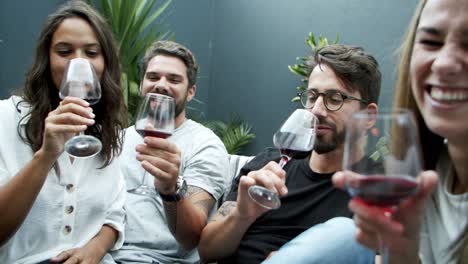 jóvenes sonrientes haciendo sonar vasos con la cámara
