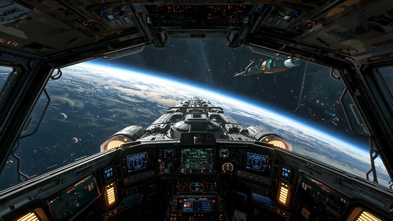 Engines glowing cockpit guiding ship forward toward planet horizon, on approach with support craft