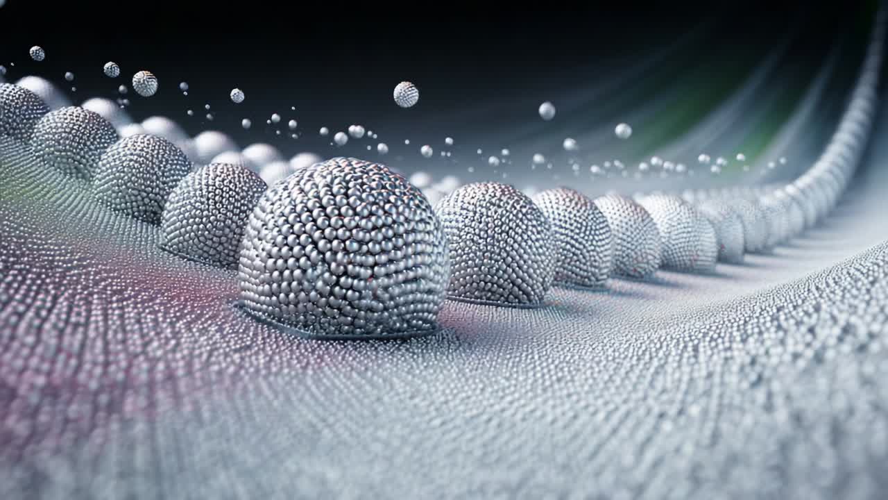 A Captivating Abstract Visualization of Spherical Particles Arranged in an Intricate Pattern, Showcasing a Dynamic Flow and Interaction in a Vividly Lit Environment with a Sheen Effect