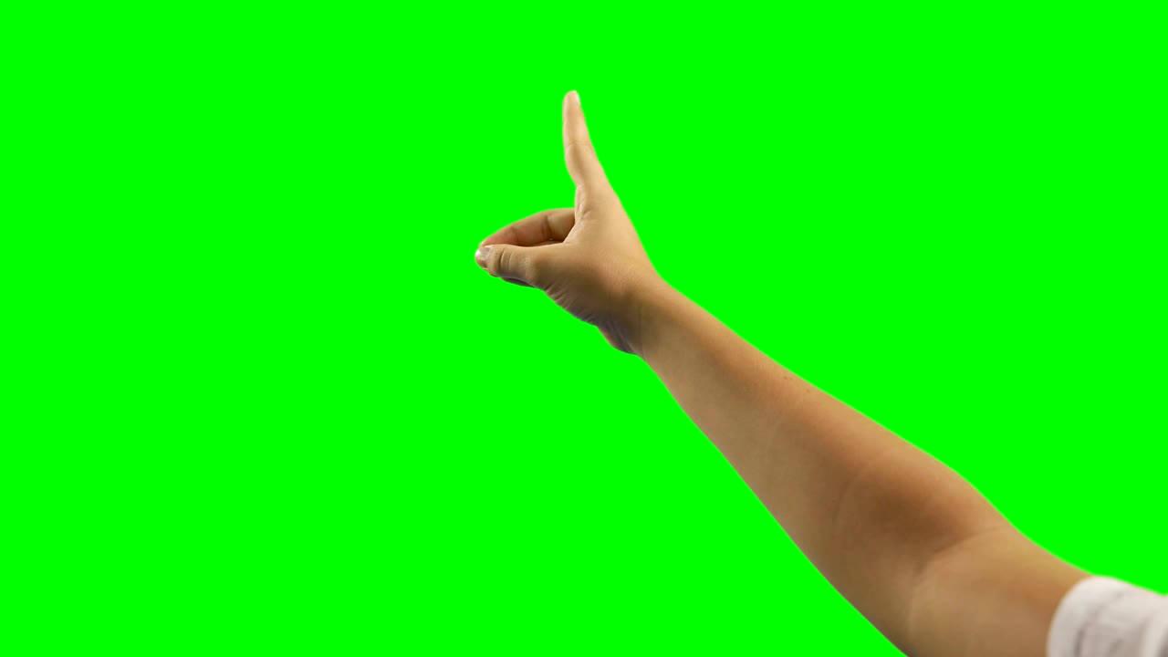 초록색 스크린 배경 에 손 의 제스처 를 하는 사람