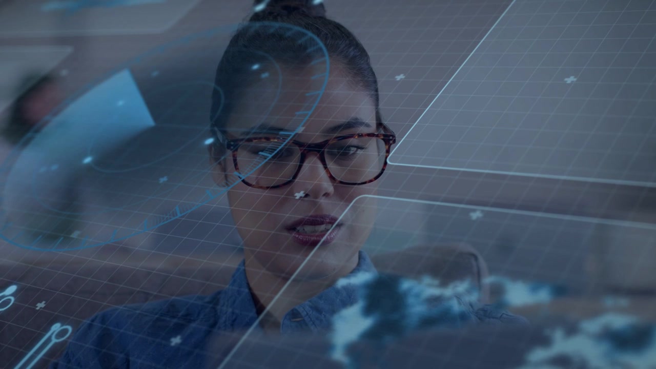 Woman wearing glasses seated onboard viewing AR overlay appearing shifting gaze reading map panels