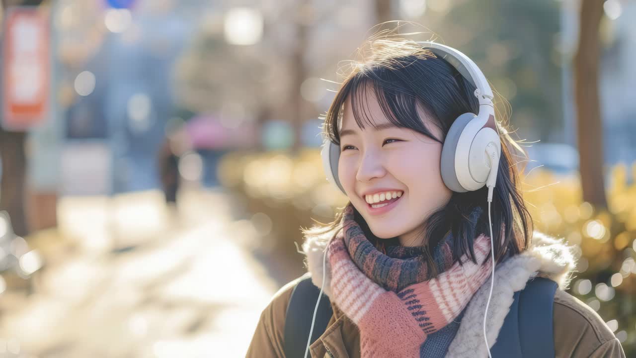 ヘッドホンを着けた陽気な女性が屋外で微笑んでいます。アイレベルで撮影されたこの動画コンセプトは、次のようなことを伝えます。