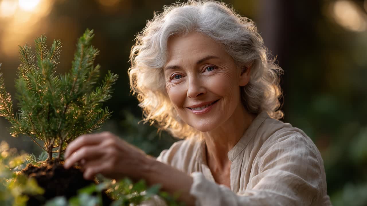 Uma mulher idosa graciosa cultivando uma muda jovem na natureza, destacando a beleza do crescimento, a conexão com a Terra e a alegria de jardinagem