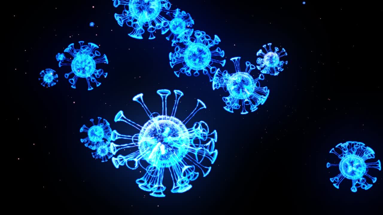 imagen holográfica brillante azul de coronavirus como el virus covid-19 o el virus de la gripe vuela en el aire o flota suavemente en fondo negro. animación 3d en 4k en bucle. para presentación informativa.