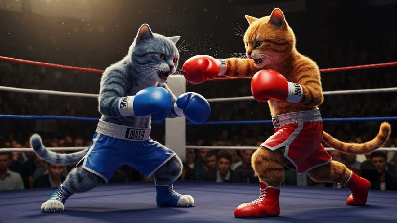 In a lively arena bustling with excited spectators, two fierce cats face off in an electrifying boxing match, vying for victory