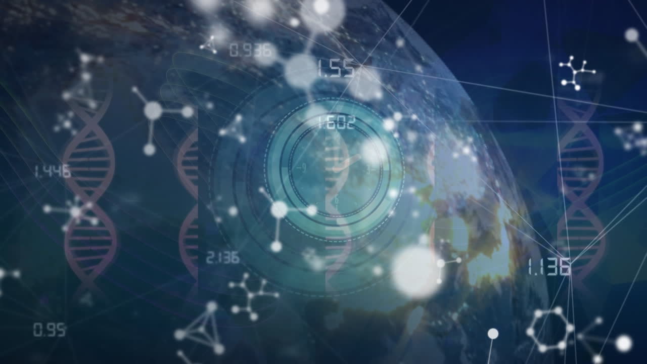 animación de adn, moléculas, puntos de conexión contra el globo con procesamiento de datos en la interfaz digital