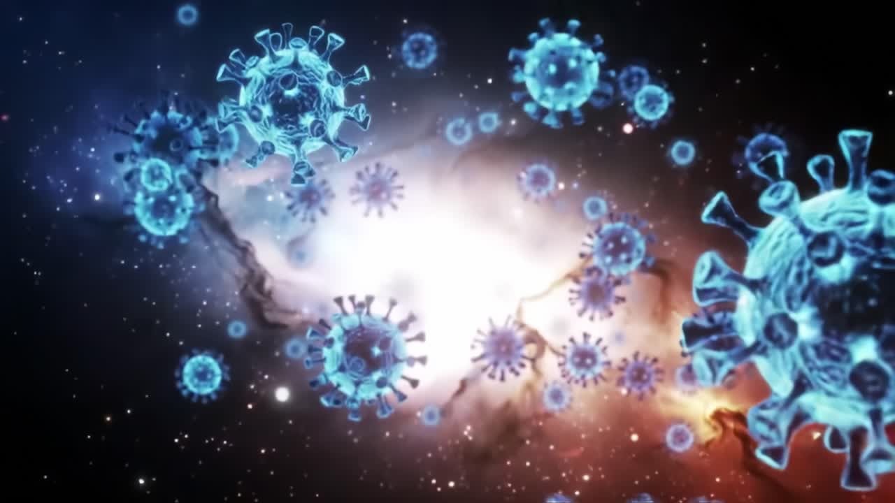 A Stunning Visualization of Viruses in Space: Exploring the Intersection of Microbiology and Astronomy, Showcasing Microscopic Life Against Cosmic Backdrops