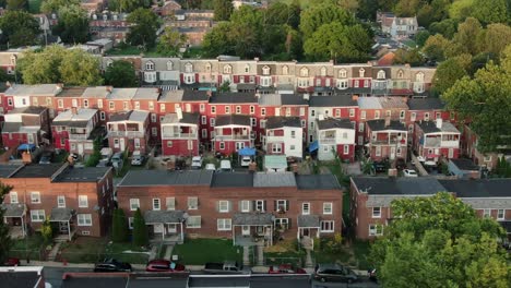 aerial truck shot of slums in united states, low income, poverty housing, slumlord, crime district, urban america city establishing shot