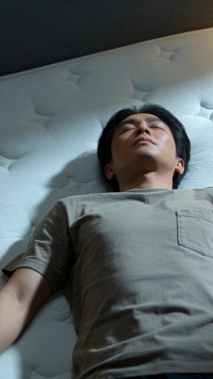 Video vertikal: Pria tidur mengenakan kaus saku hijau zaitun di kasur berlapis kancing di kamar tidur, cahaya menghangatkan.