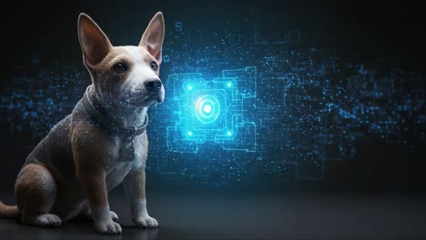 A Digital Companion: A Dog Surrounded by Futuristic Technology Illustrating the Intersection of Canine Loyalty and Advanced Visual Effects in a Unique Setting
