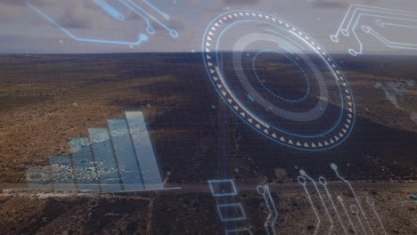 digital interface elements and data processing animation over aerial view of landscape