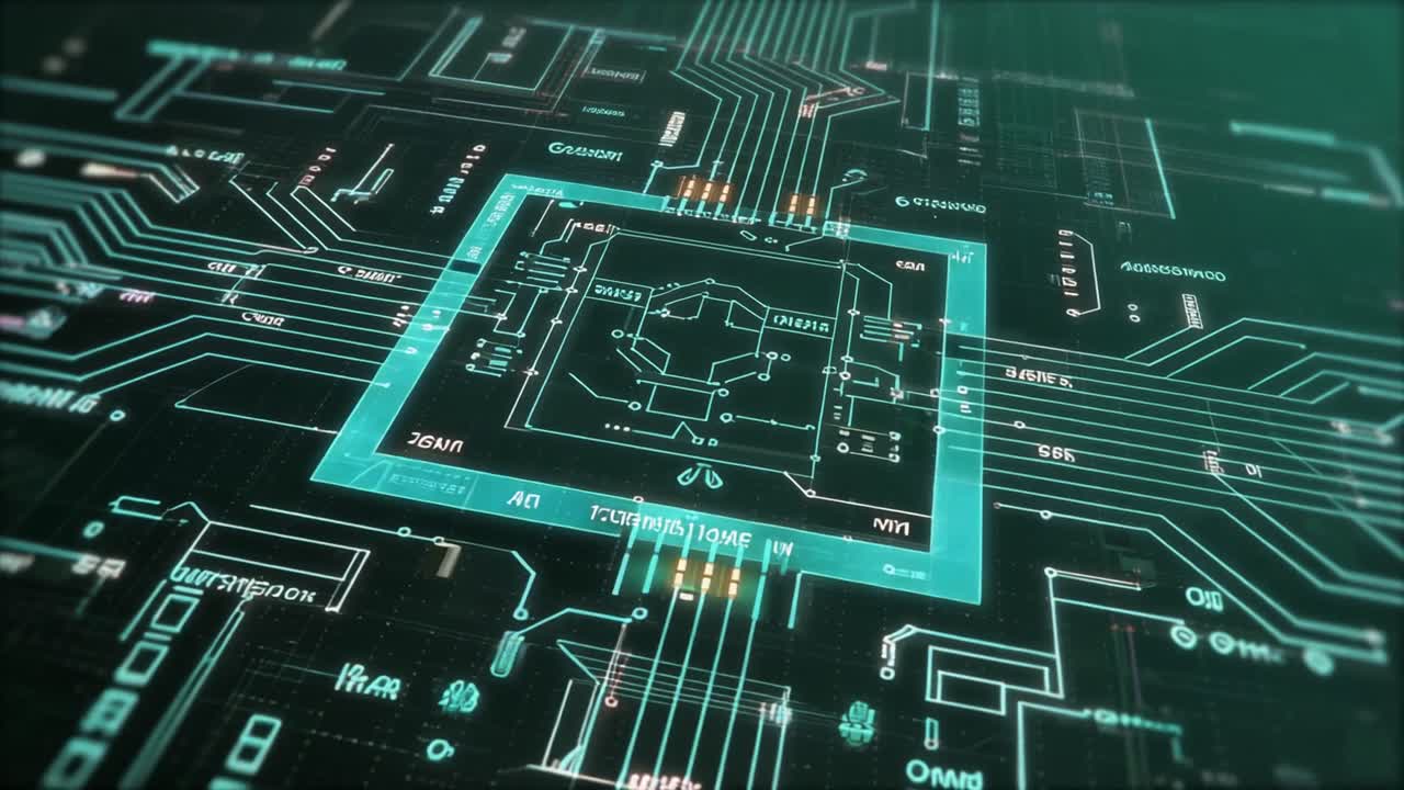 Abstract Technology Background with Glowing Circuitry and Data