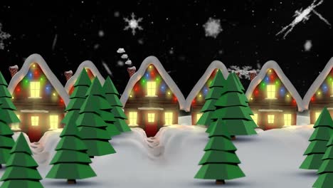 Animation-Von-Schnee,-Der-über-Häuser-Fällt,-Mit-Lichterketten