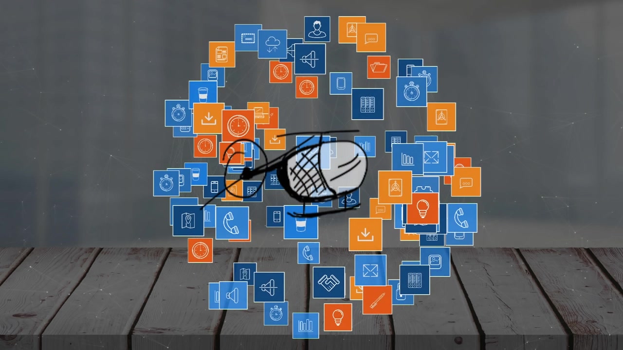 Animation of helicopter and icons over cityscape