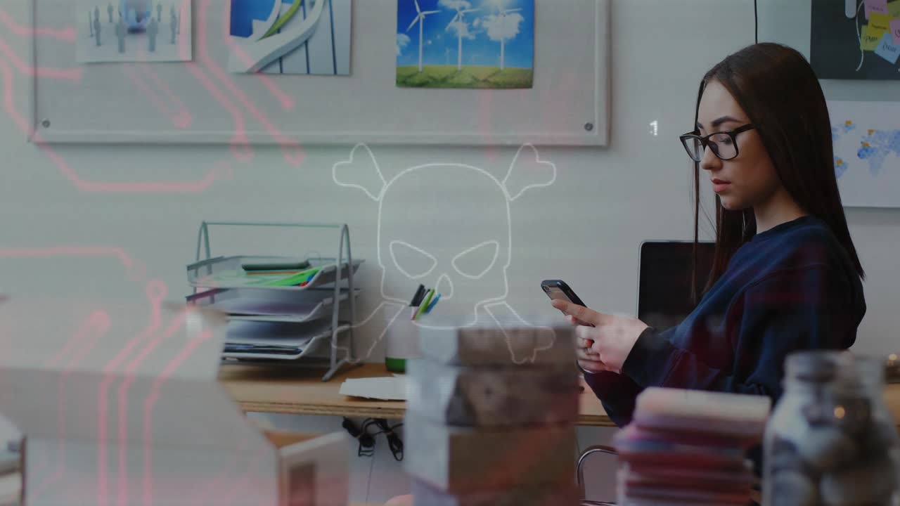 Woman scrolling smartphone at office desk, initiating AR security alert visualization across desk