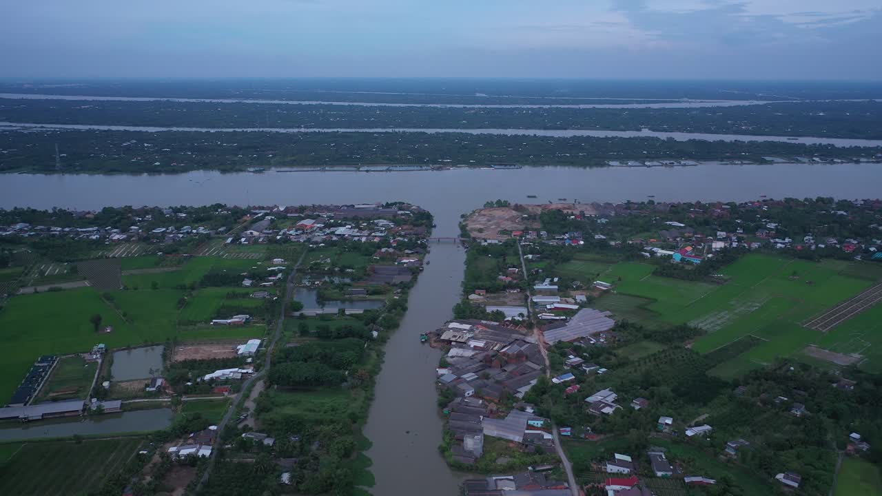 Aerial view of brick kilns and canal in Vinh Long in the Mekong Delta, Vietnam