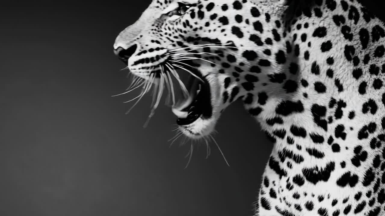 The video captures a dramatic close-up of a leopard in monochrome, highlighting its fierce
