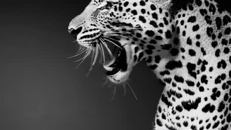 the video captures a dramatic close-up of a leopard in monochrome, highlighting its fierce