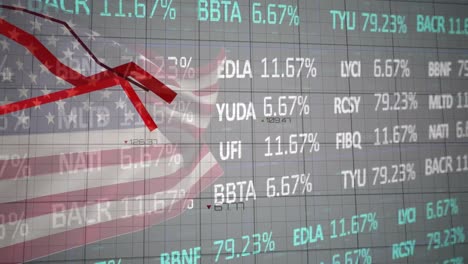 animation of graphs and data processing over flag of america on black background