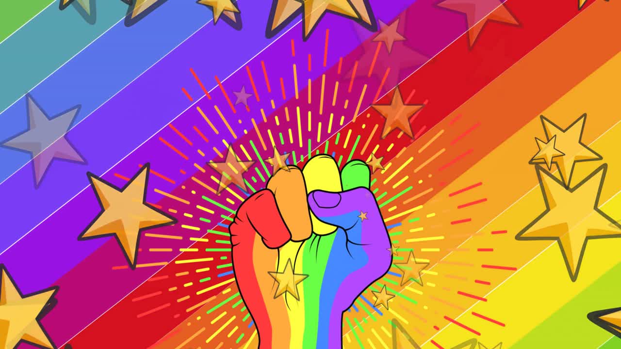 animación de estrellas caídas y puño sobre arco iris