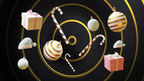 christmas baubles, gifts and candy canes over gold concentric rings on black background