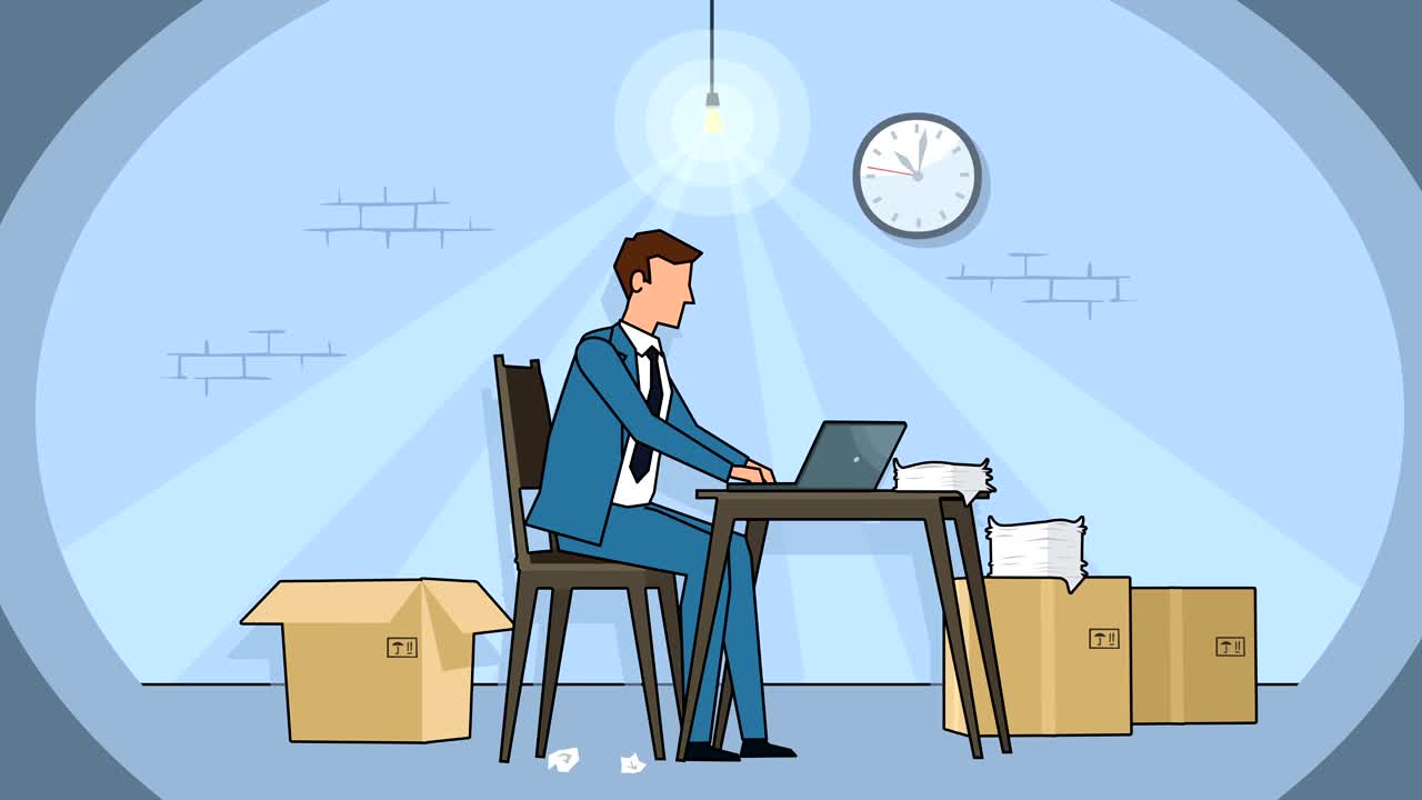 Flat cartoon businessman bad angry character workplace near laptop basement animation