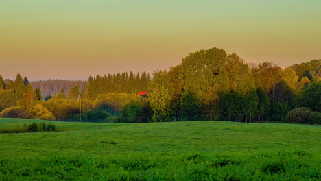 Amanecer-Idílico-Con-Sol-Dorado-Iluminando-árboles-Y-Campo-De-Hierba-En-Otoño,-Lapso-De-Tiempo