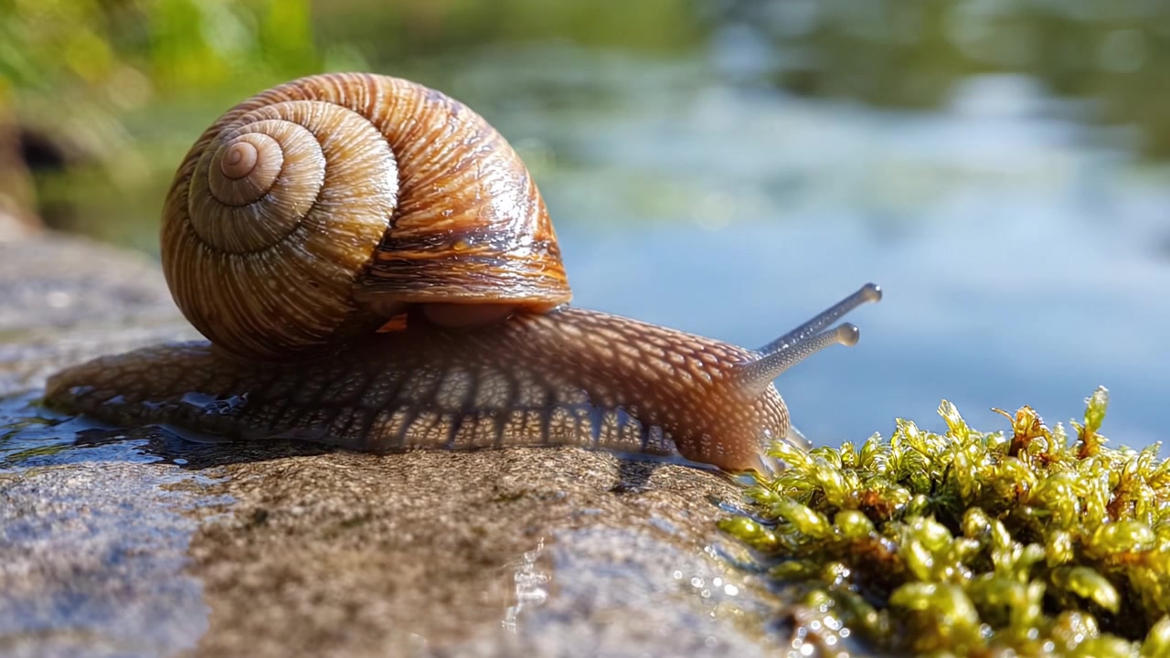 A close-up view of a snail gliding gracefully over a damp stone surface, showcasing its intricate shell patterns and the lush green moss nearby.