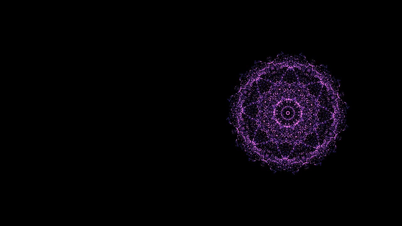 video de púrpura abstracto, patrón de caleidoscopio que se ensancha y se estrecha en repetición sobre un fondo negro.