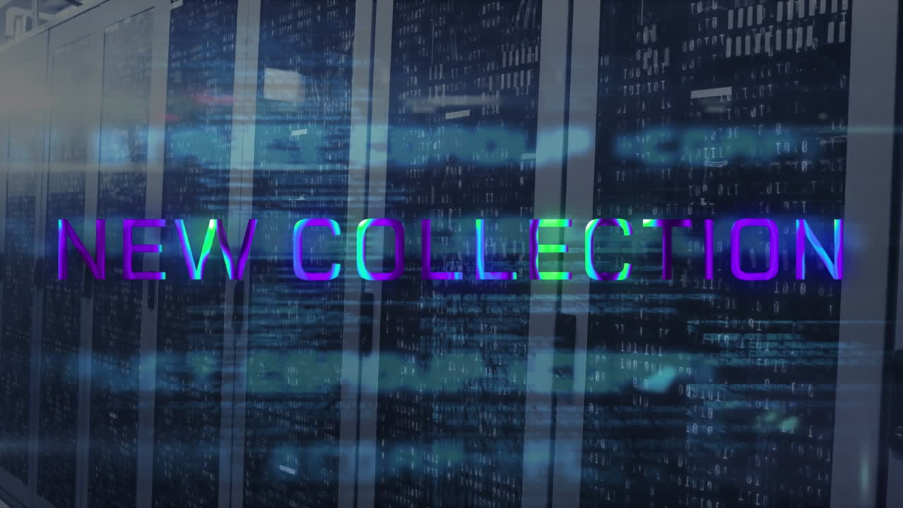 Animation of new collection text and computer language over data server racks
