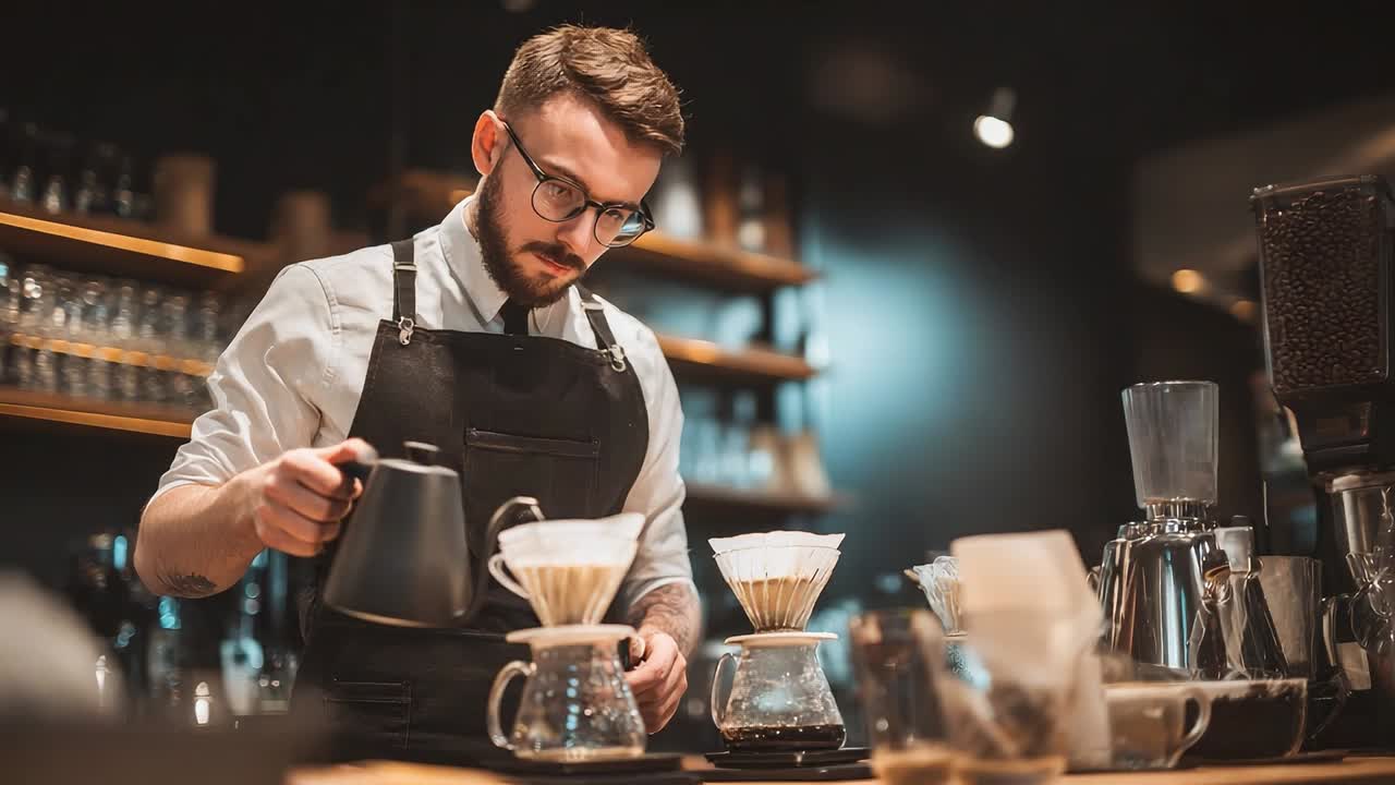 Barista brews coffee in a cozy cafe setting during the afternoon rush