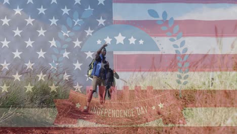animación del texto del día de la independencia sobre la caminata de una pareja diversa sonriente
