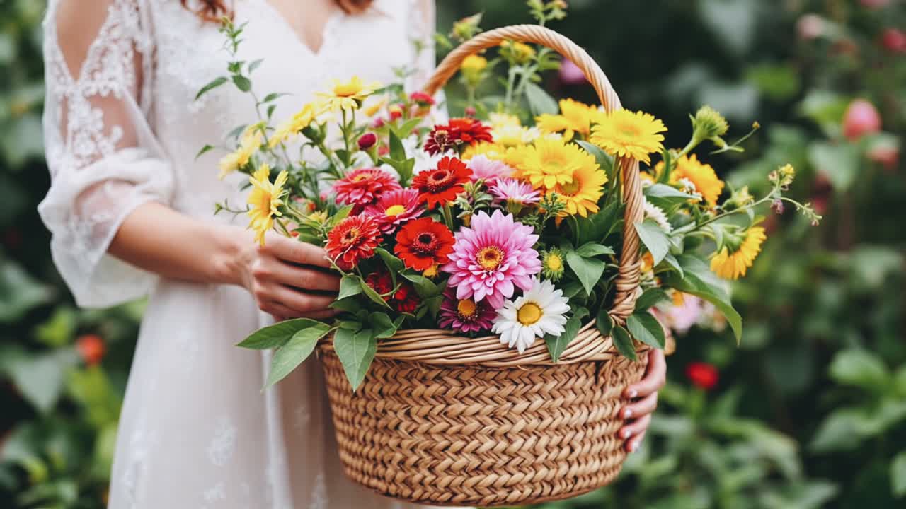 Woman holding a basket of colorful flowers