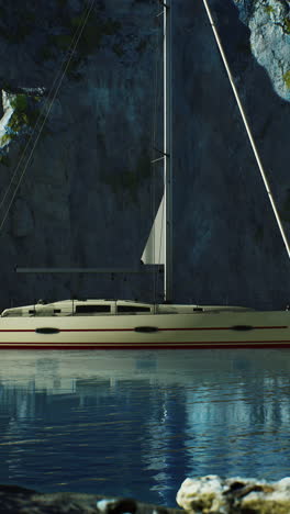 sailboat docked in a calm harbor with a mountain in the background