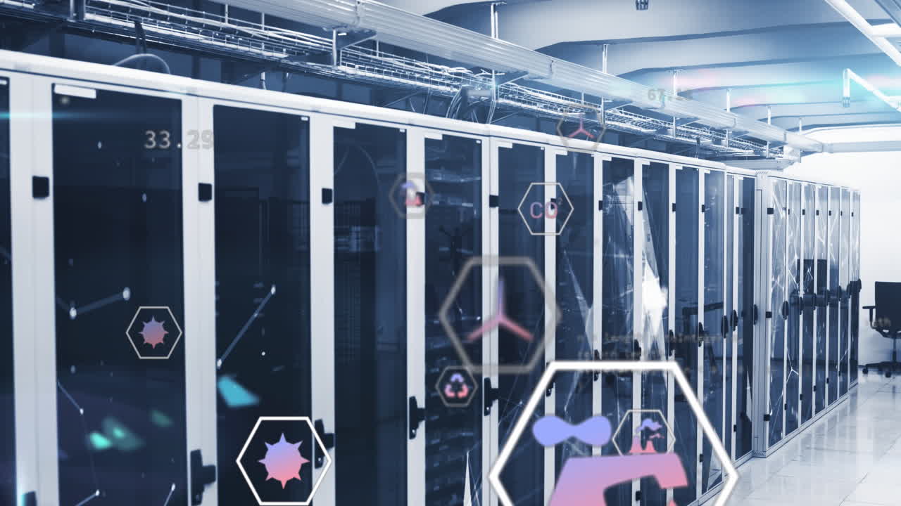 Animation of multiple icons over connected dots on server racks in server room