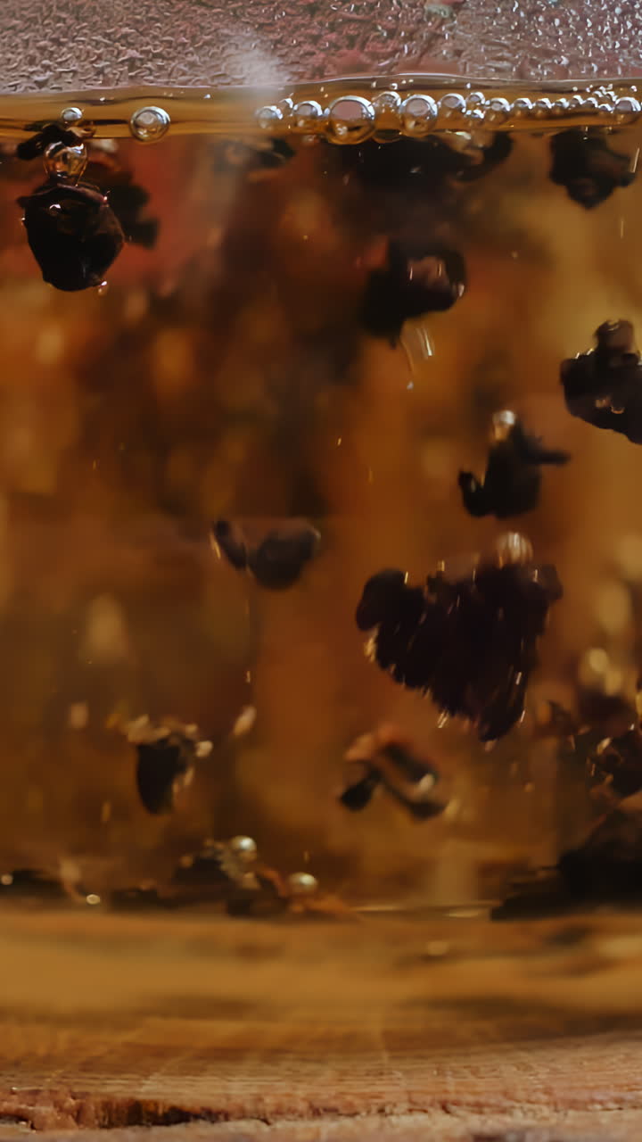 뜨거운 물 에 담긴 차 잎 의 클로즈업