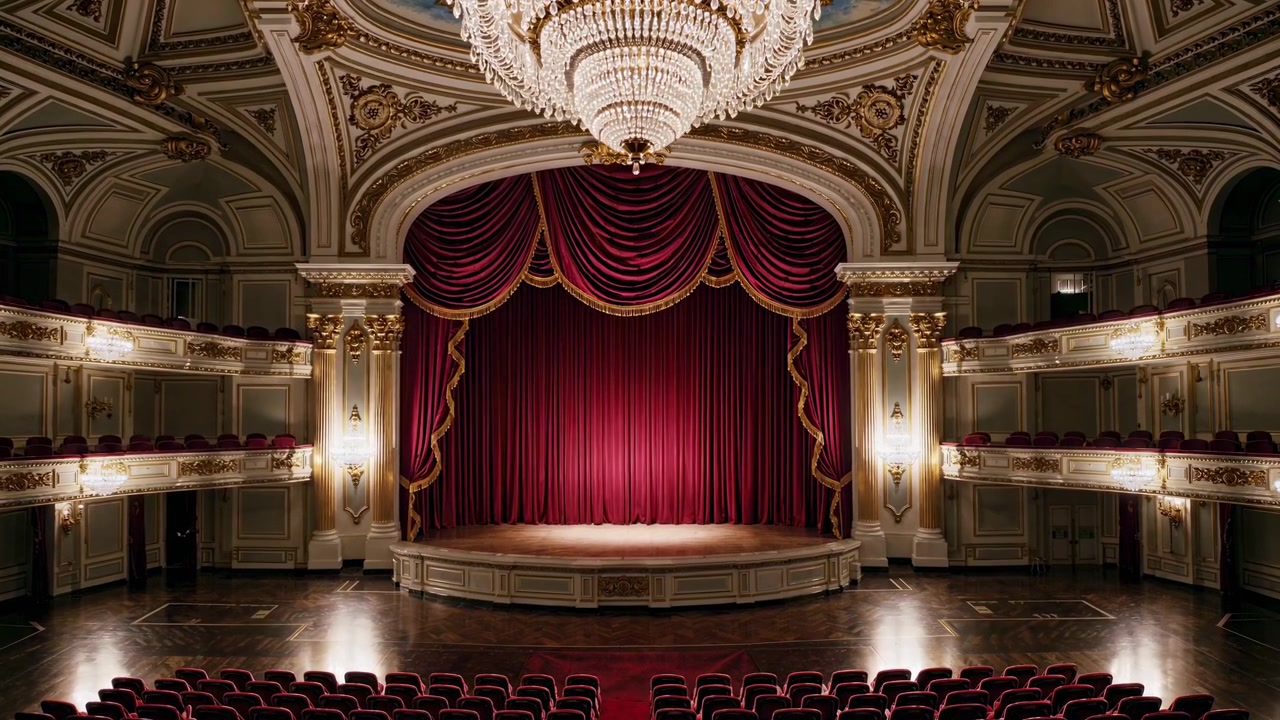 Prunkvolles klassisches Theaterinterieur mit roten Vorhängen und Kristallleuchter