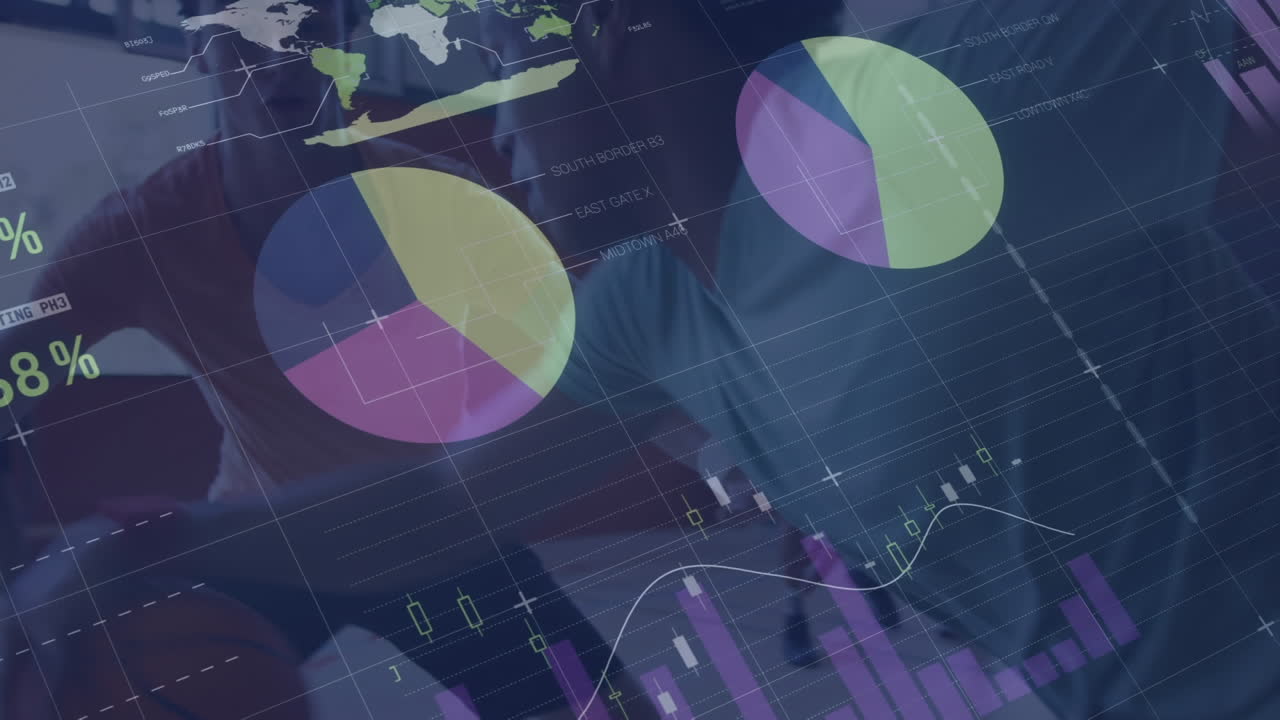 animación del procesamiento de datos financieros sobre un grupo diverso de jugadores de baloncesto masculinos en el gimnasio