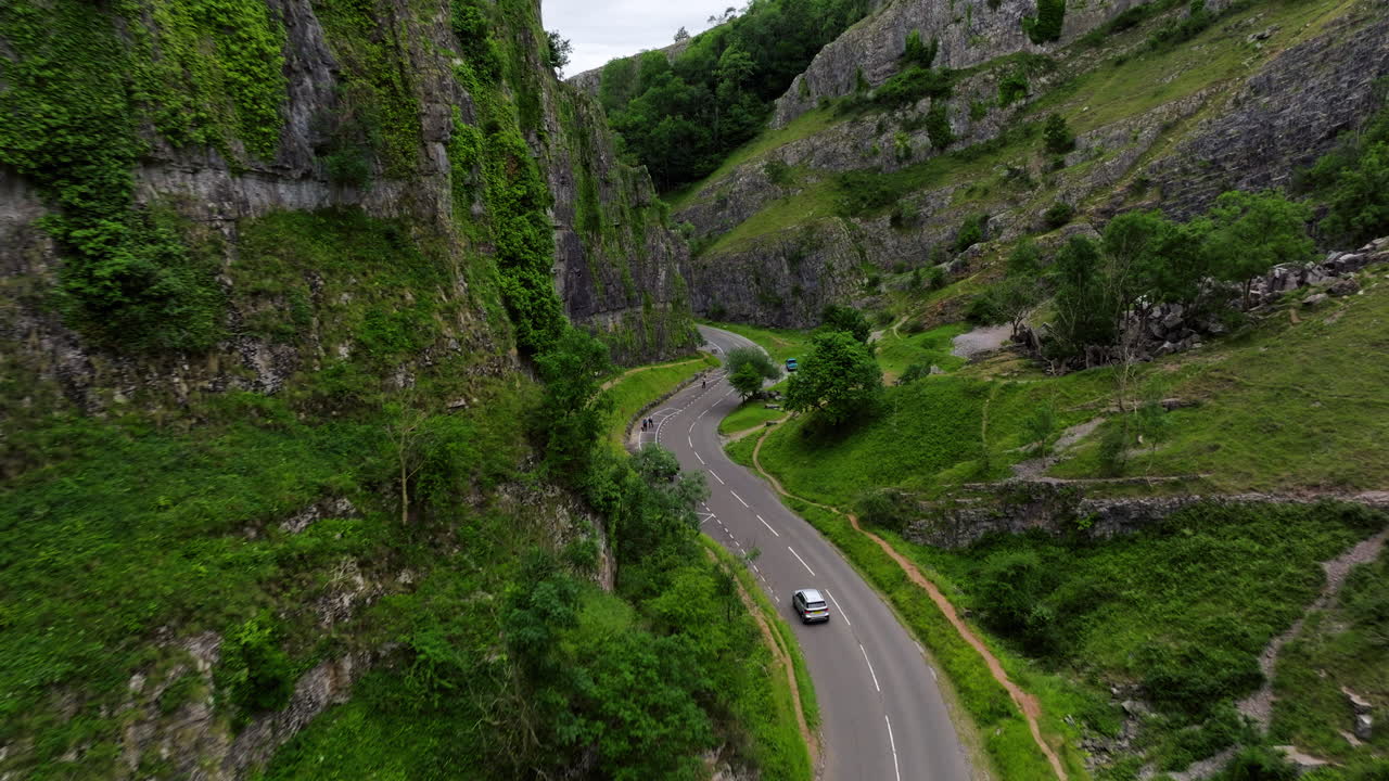Asphalt Road Of Cheddar Gorge, A Prominent Limestone Gorge In The Mendip Hills, Somerset, England. Aerial Drone Shot