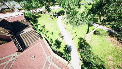 aerial view of a city park with stairs and paths
