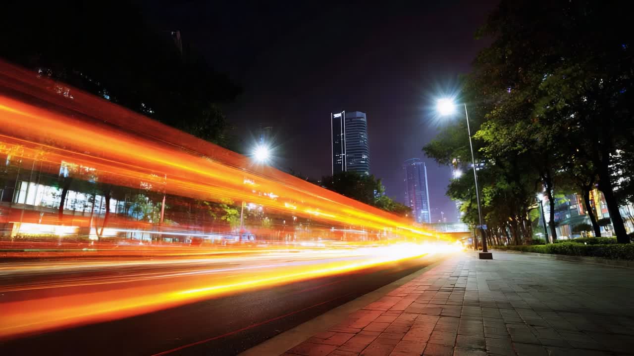 A mesmerizing night cityscape showcasing vibrant light trails from vehicles on a bustling urban street, with illuminated skyscrapers and lush trees lining the road under a starlit sky