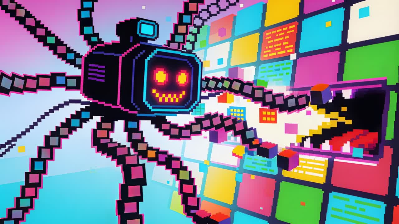 Pressing tile, tentacled smiling voxel bot harvesting cubes from neon tiled wall, breach forming