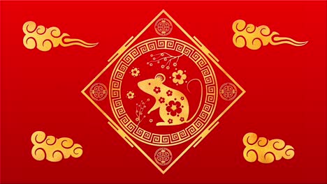lunar new year, spring festival background with golden rat, red silk pattern. chinese new year red paper backdrop for holiday event. 3d rendering animation. seamless loop 4k